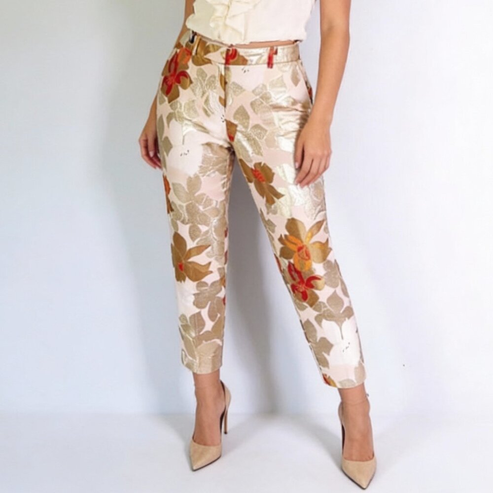PAULE KA | Cream Metallic Floral Jacquard Ankle Trousers Sz 44